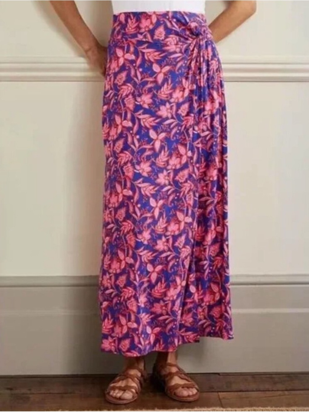 Boden Knot Waist Jersey Midi Skirt Strawberry Daiquiri Floral size 10p